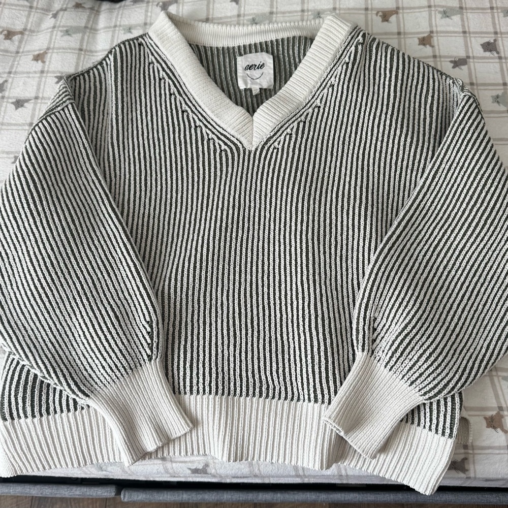 Aerie White and Green Striped Sweater